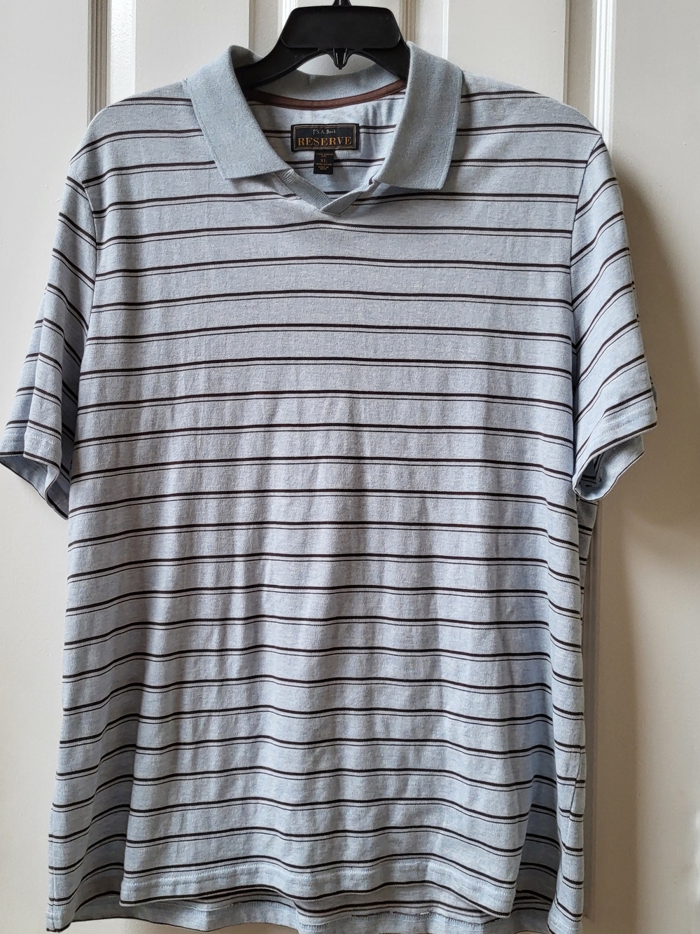 Jos A Bank Reserve Tailored Fit Striped Blue Brown Polo Shirt Size XL V-Neck